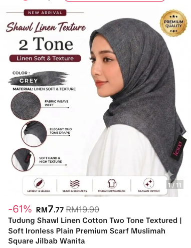 Shawl Linen 2 Tone grey ironless premium tudung shawl linen cotton textured
