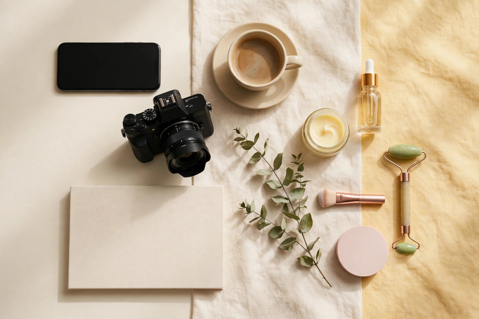 Content creation workspace with camera, smartphone and products
