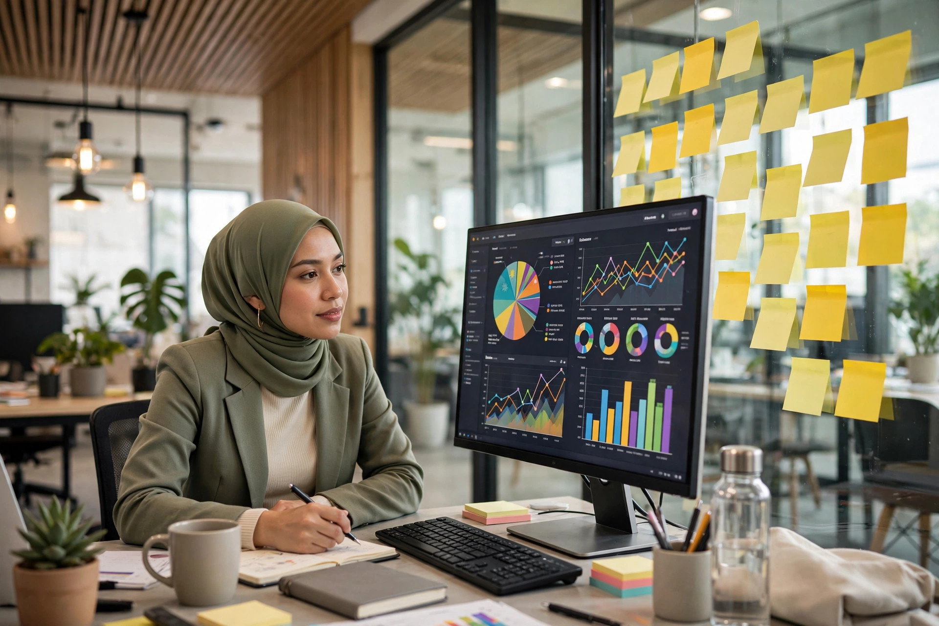 Marketer reviewing campaign performance charts in a modern office