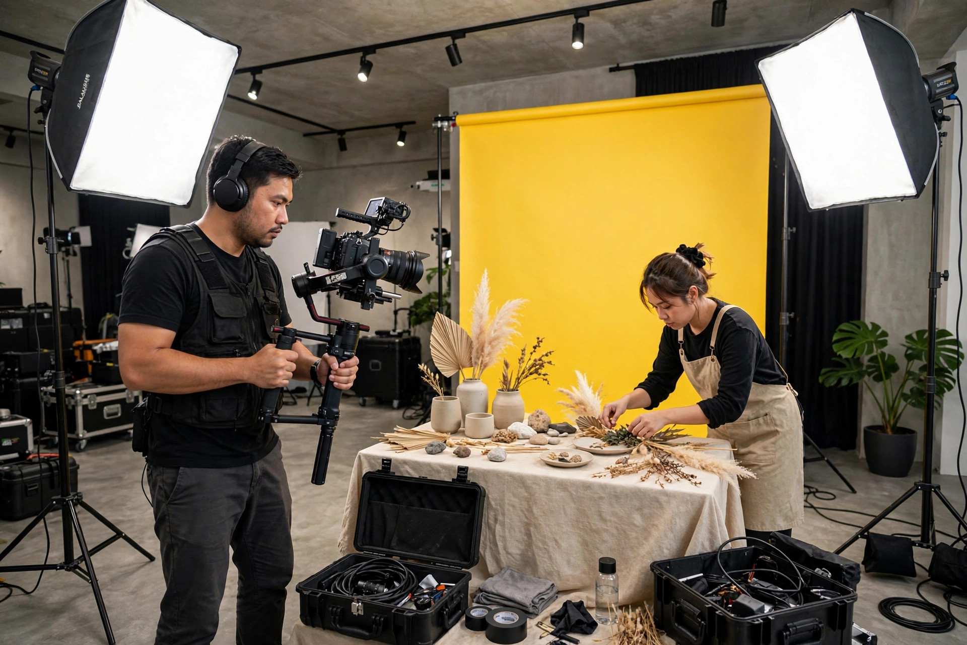 Behind the scenes of a product video shoot at a content studio