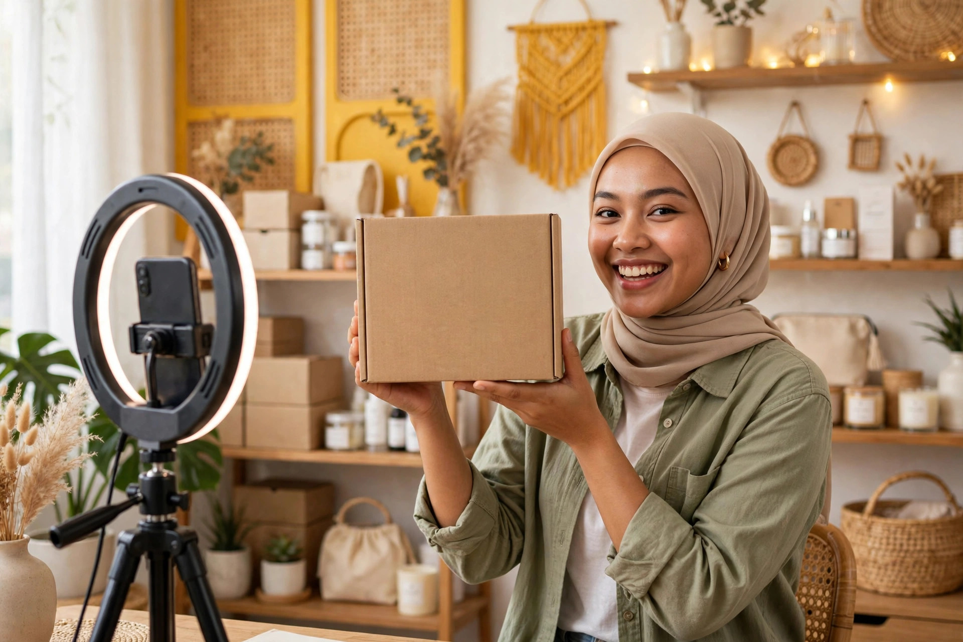 Malaysian TikTok Shop affiliate creator presenting a product during a video recording