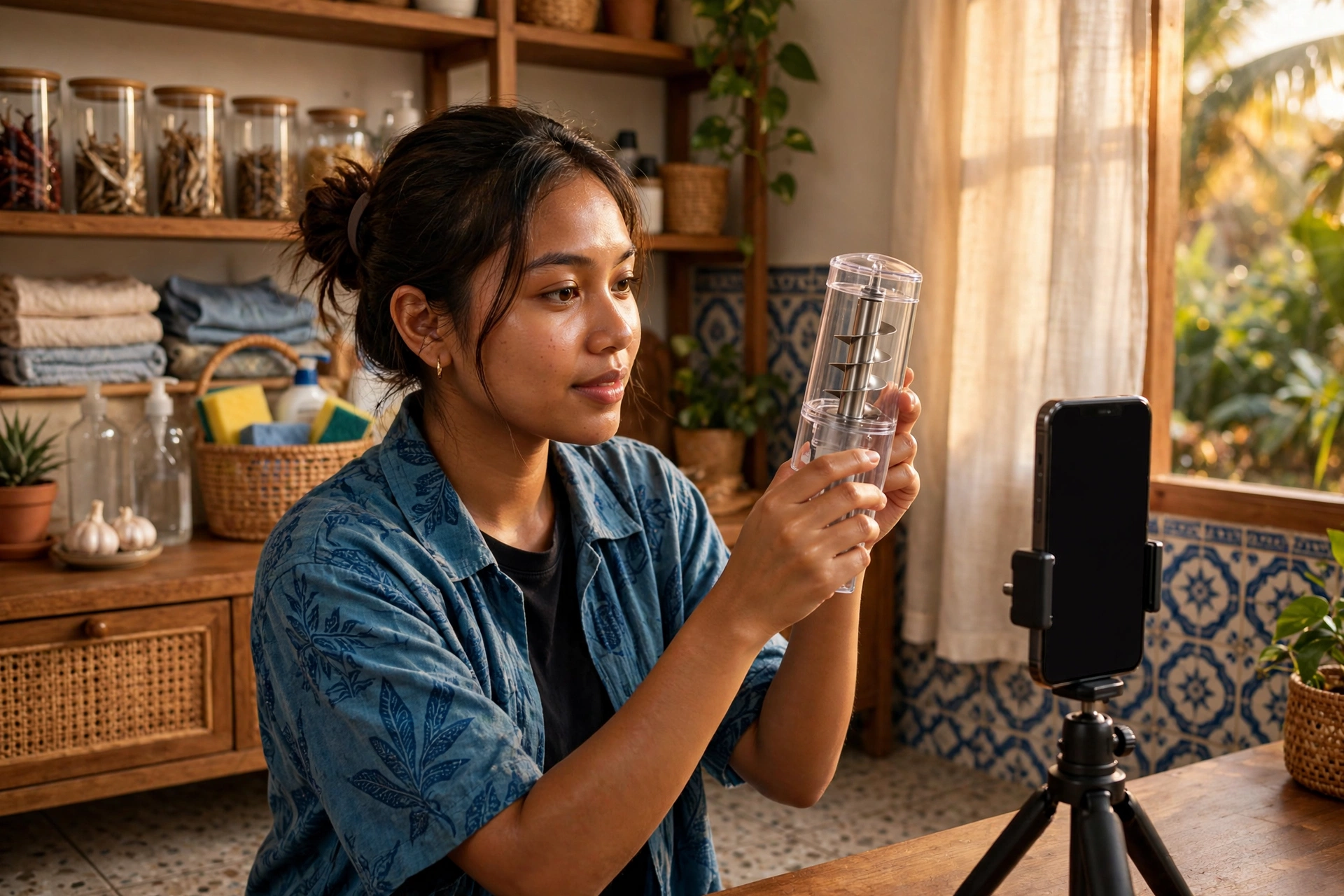 Malaysian TikTok Shop affiliate creator filming a product demonstration on a smartphone at home