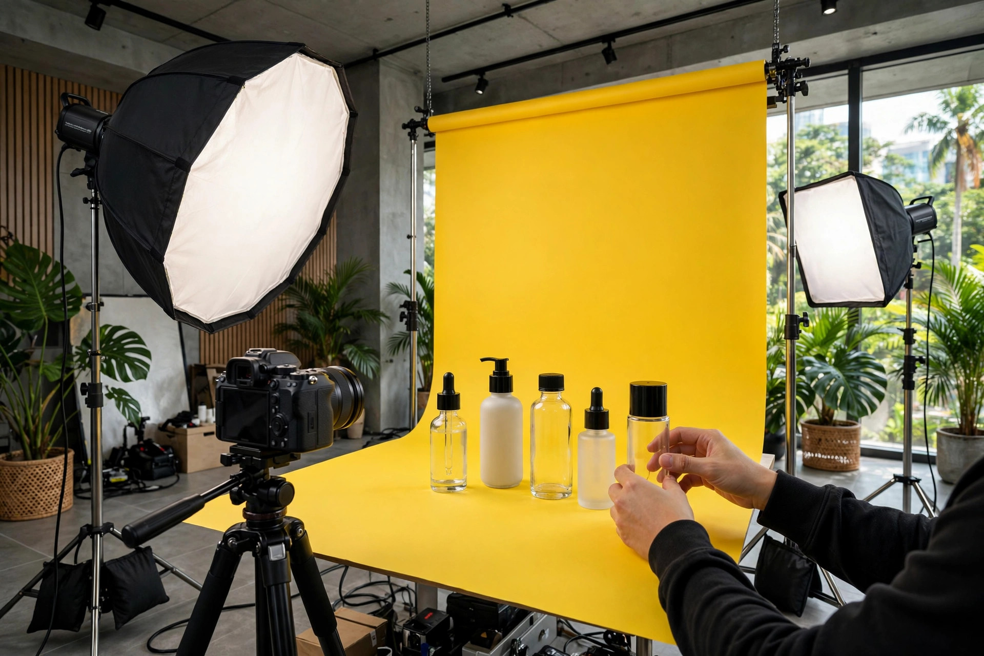 Product photography shoot for beauty products on a yellow backdrop