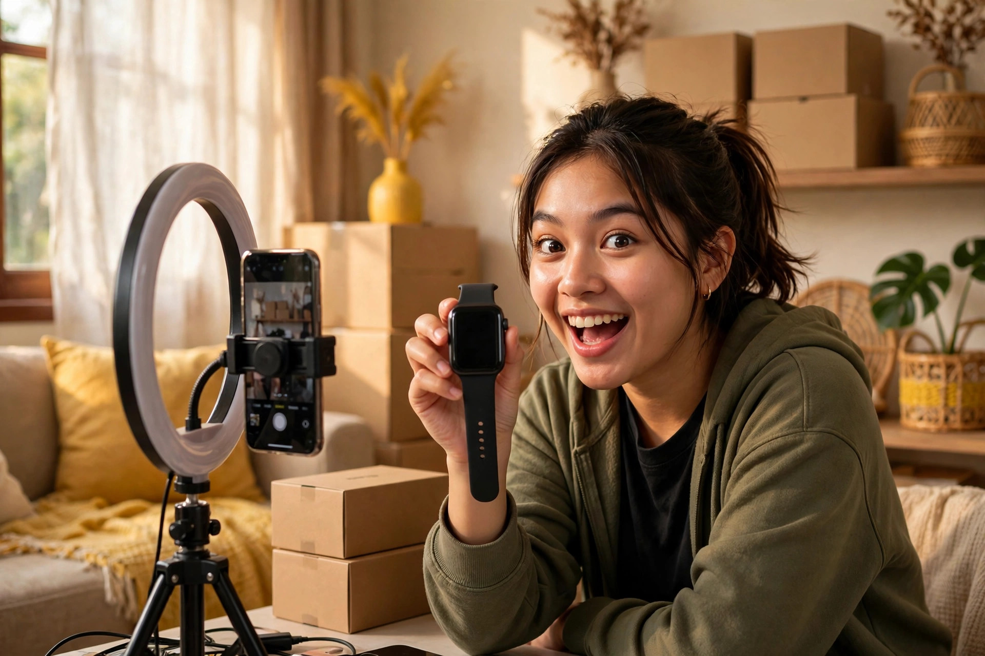 Malaysian TikTok creator filming a smartwatch video at home