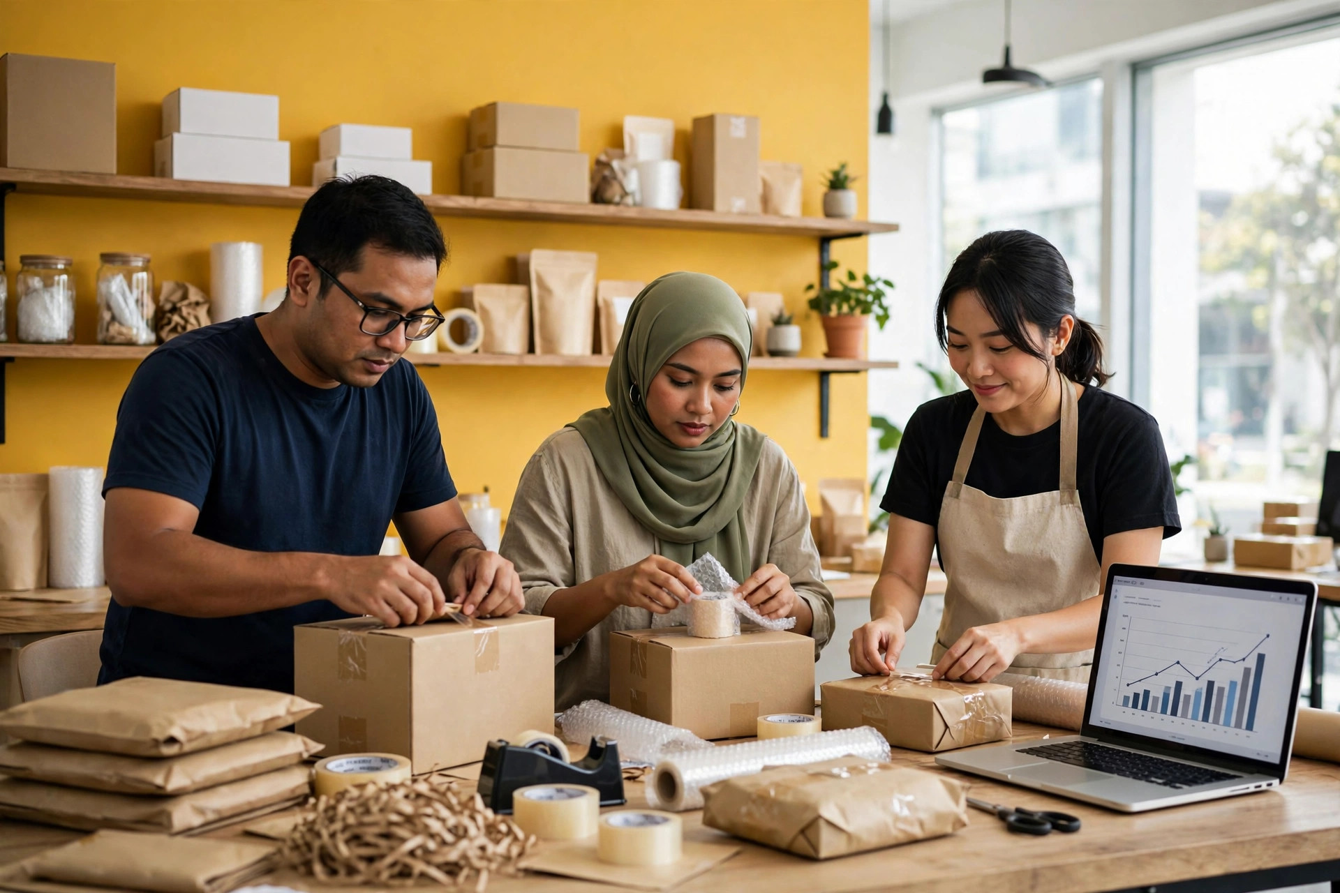 E-commerce team packing online orders in a Malaysian workspace
