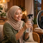 Malaysian TikTok affiliate creator in a hijab demonstrating a household product to a phone on a ring light during a TikTok LIVE selling session at home